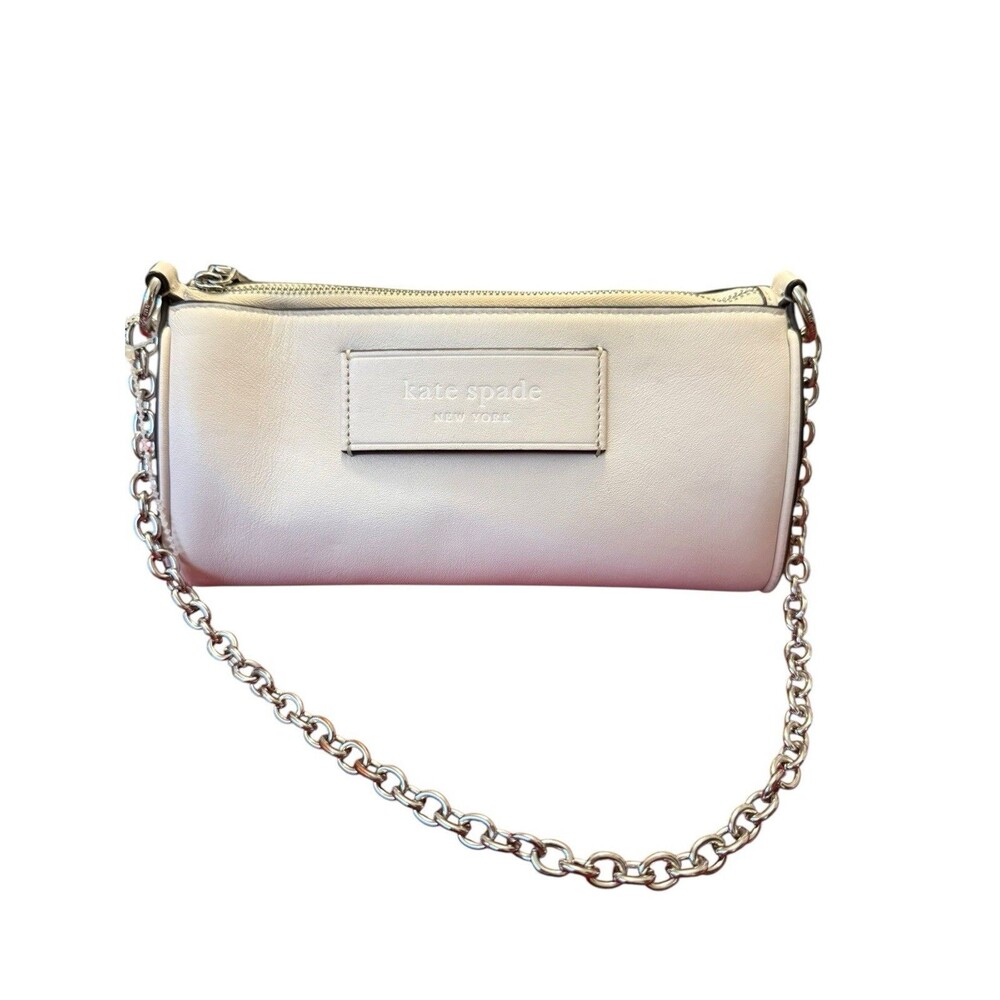 Kate Spade Label Pochette KI726 Ivory Leather Silver Chain Crossbody Bag